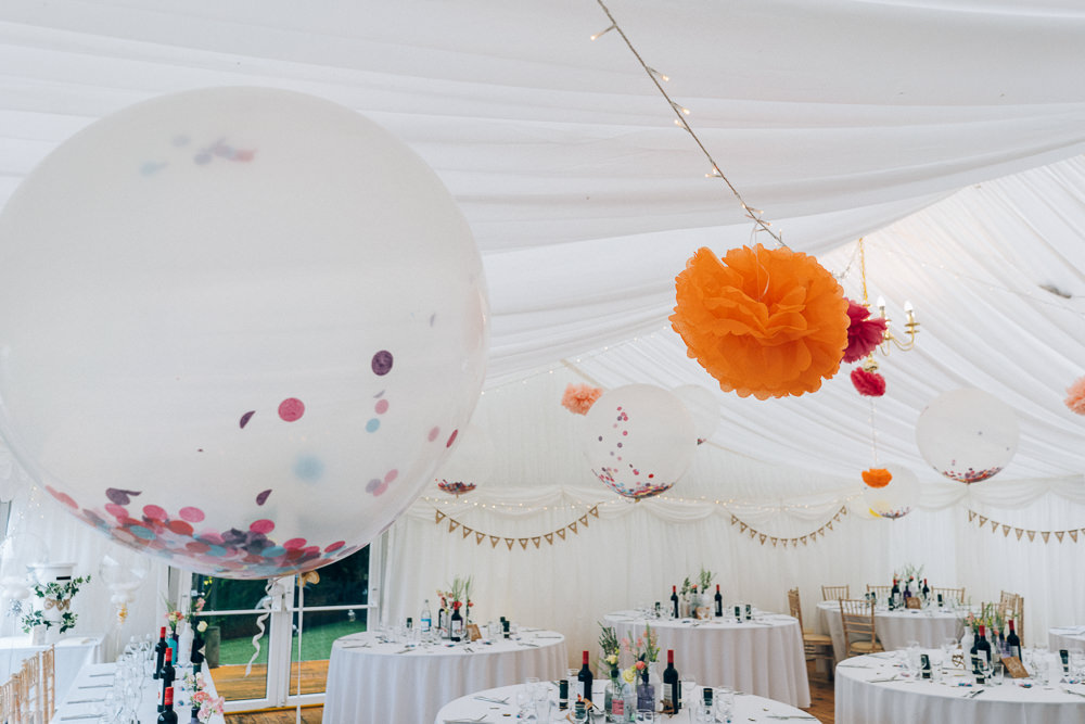 Marquee Pom Poms Fairy Lights Confetti Balloons Tullibole Castle Wedding Casey Avenue Photography