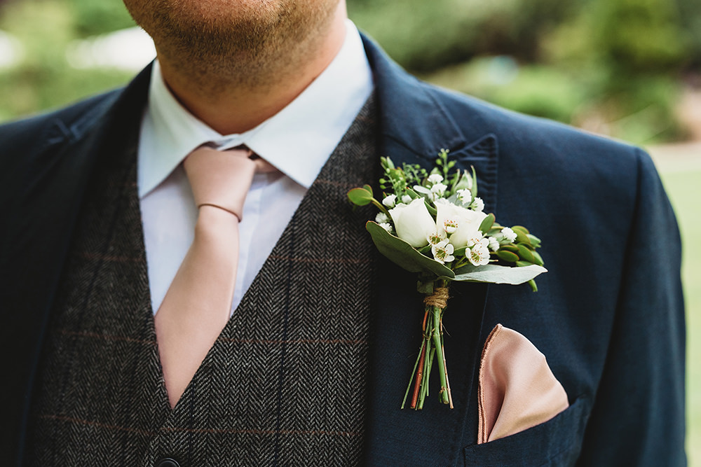 Groom Groomsmen Suit Grey Tweed Waistcoat Blue Tan Shoes Buttonhole Whinstone View Wedding Emma Adamson Photography