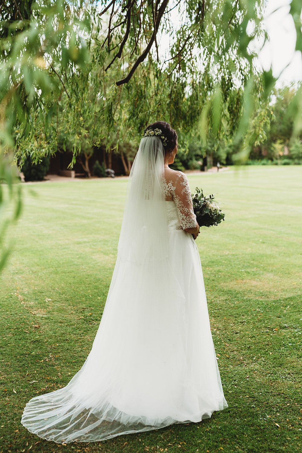 Dress Gown Bride Bridal Lace Sleeves Tulle Skirt Belt Sash Ribbon Whinstone View Wedding Emma Adamson Photography