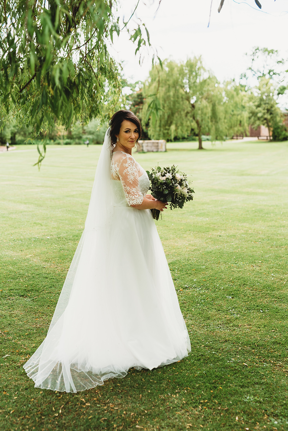 Dress Gown Bride Bridal Lace Sleeves Tulle Skirt Belt Sash Ribbon Whinstone View Wedding Emma Adamson Photography