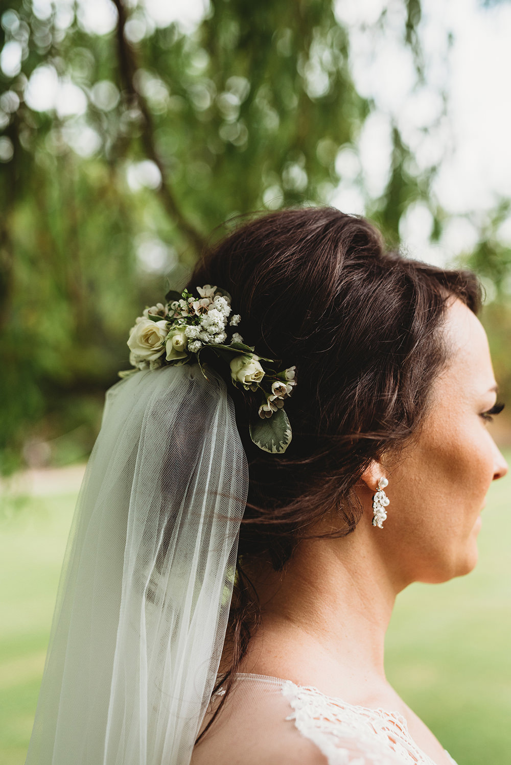 Bride Bridal Hair Style Up Do Flowers Veil Whinstone View Wedding Emma Adamson Photography