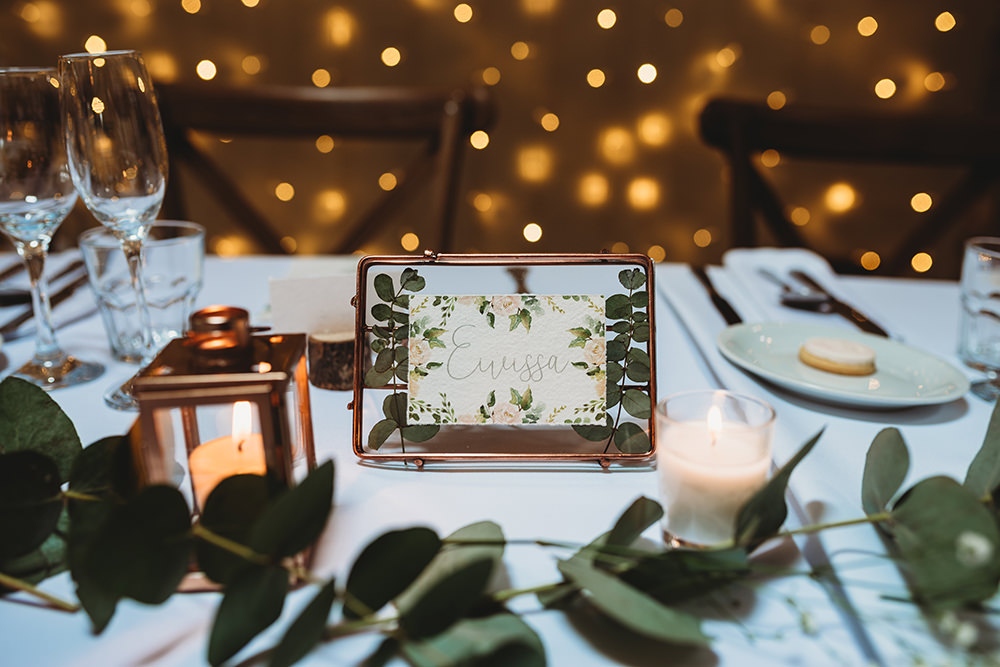 Table Name Greenery Foliage Floral Copper Whinstone View Wedding Emma Adamson Photography