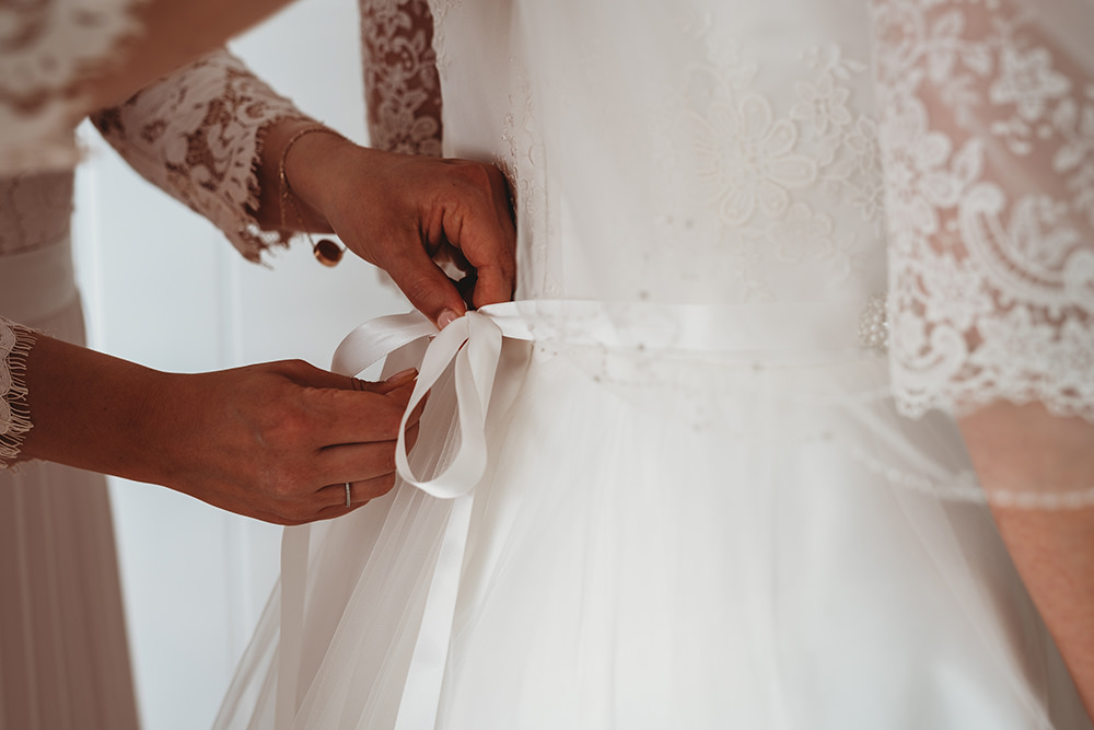 Dress Gown Bride Bridal Lace Sleeves Tulle Skirt Belt Sash Ribbon Whinstone View Wedding Emma Adamson Photography