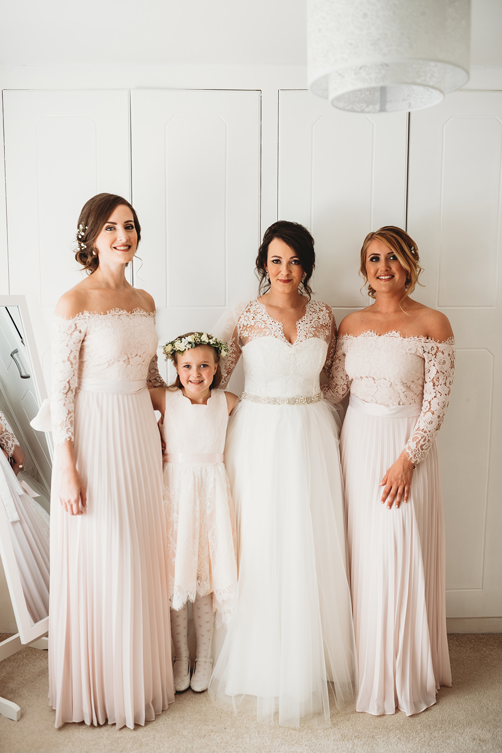Bridesmaids Bridesmaid Dress Dresses Pale Pink Pleat Lace Sleeves Whinstone View Wedding Emma Adamson Photography