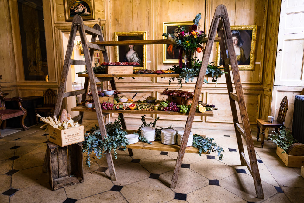 Wooden Ladder Shelf Grazing Platter Sharing Board Food Anstey Hall Wedding Jonny Barratt Photography