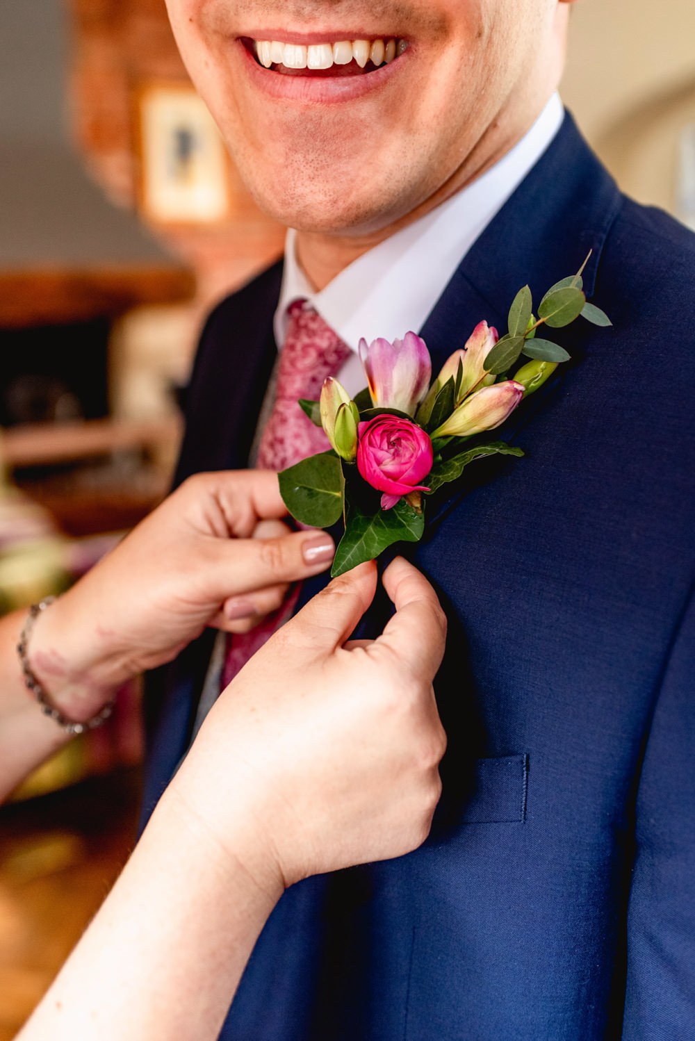 Groom Buttonhole Flowers Pink Avoncroft Museum Wedding Lisa Carpenter Photography