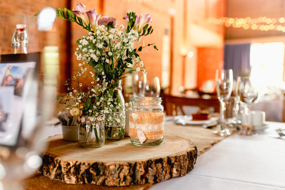 Centrepiece Log Slice Flowers Candles Avoncroft Museum Wedding Lisa Carpenter Photography