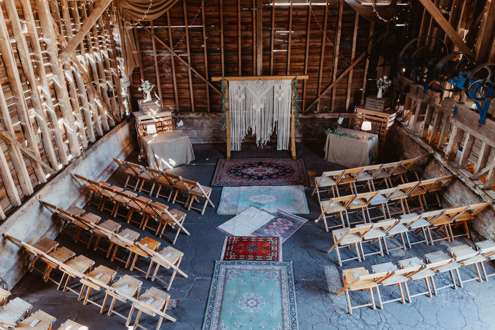 Ceremony Persian Rug Aisle Macrame Backdrop Barns Lodge Farm Wedding Stevie Jay Photography