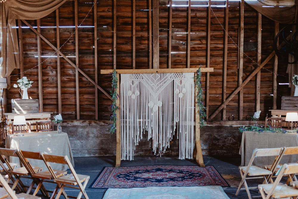 Ceremony Persian Rug Aisle Macrame Backdrop Barns Lodge Farm Wedding Stevie Jay Photography
