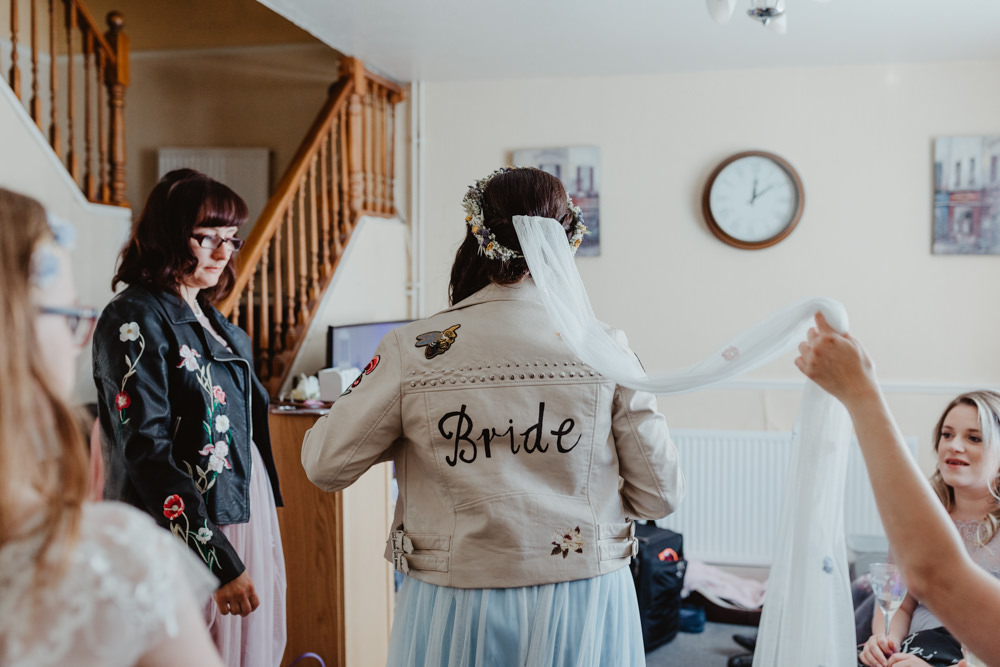 Bride Bridal Leather Jacket Painted Accessory Barns Lodge Farm Wedding Stevie Jay Photography