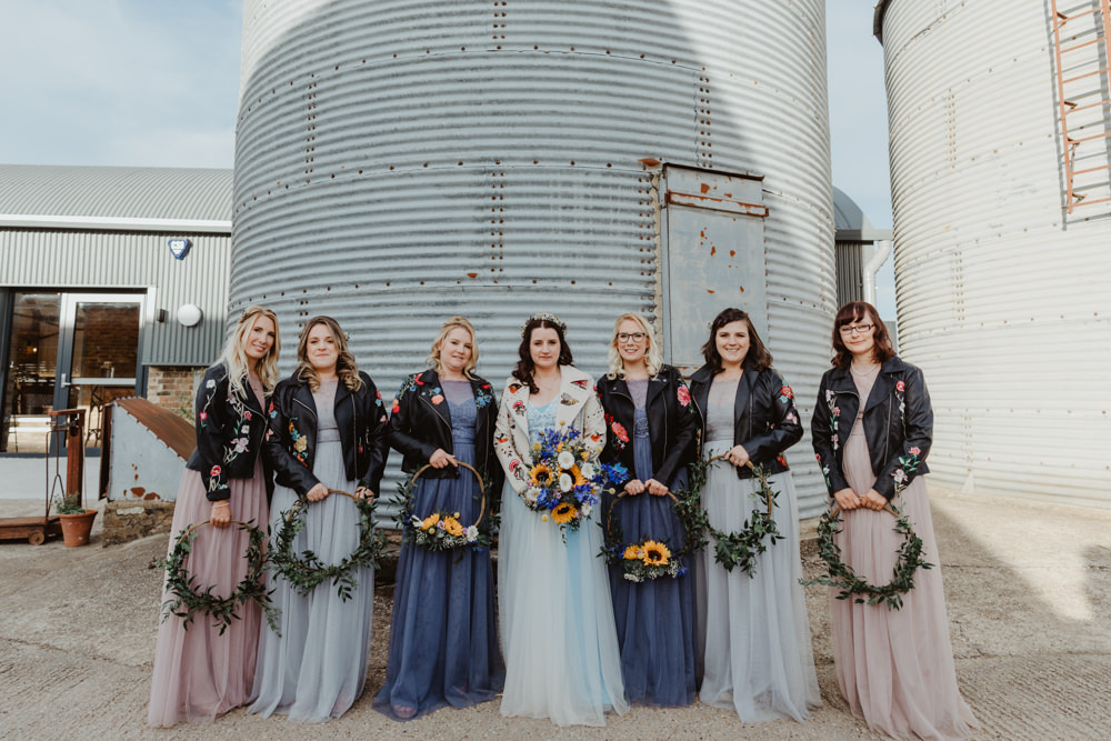 Hoop Wreaths Bouquet Bridesmaid Bridesmaids Dress Dresses Mismatched Blue Pink Barns Lodge Farm Wedding Stevie Jay Photography