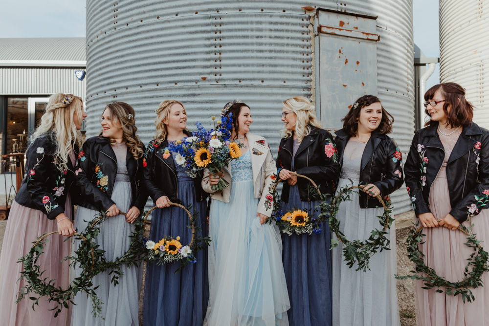 Hoop Wreaths Bouquet Bridesmaid Bridesmaids Dress Dresses Mismatched Blue Pink Barns Lodge Farm Wedding Stevie Jay Photography