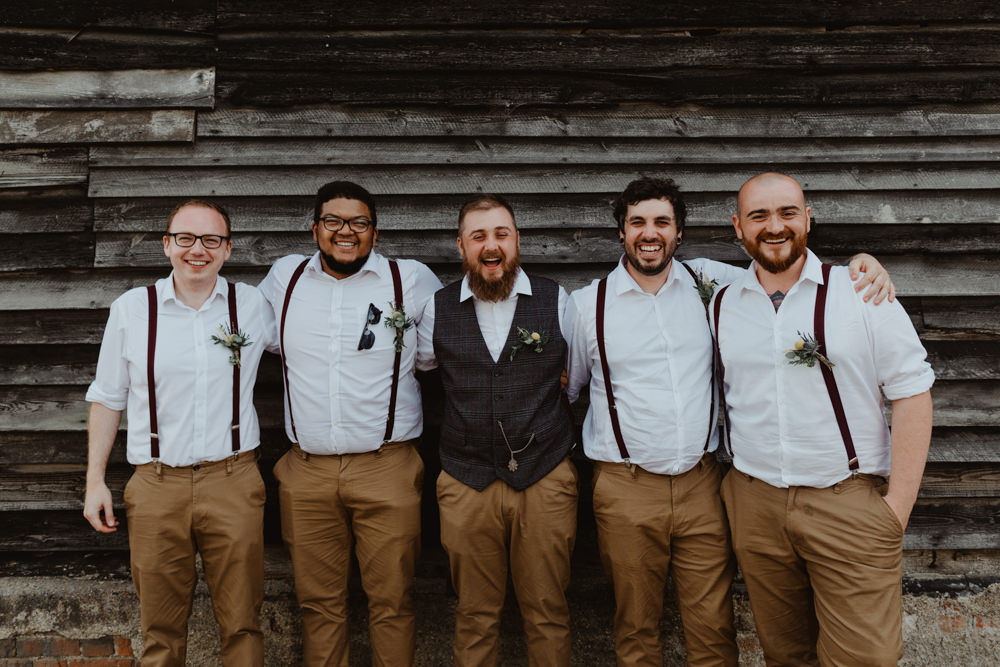 Groom Groomsmen Chinos Braces Shirts Waistcoat Barns Lodge Farm Wedding Stevie Jay Photography
