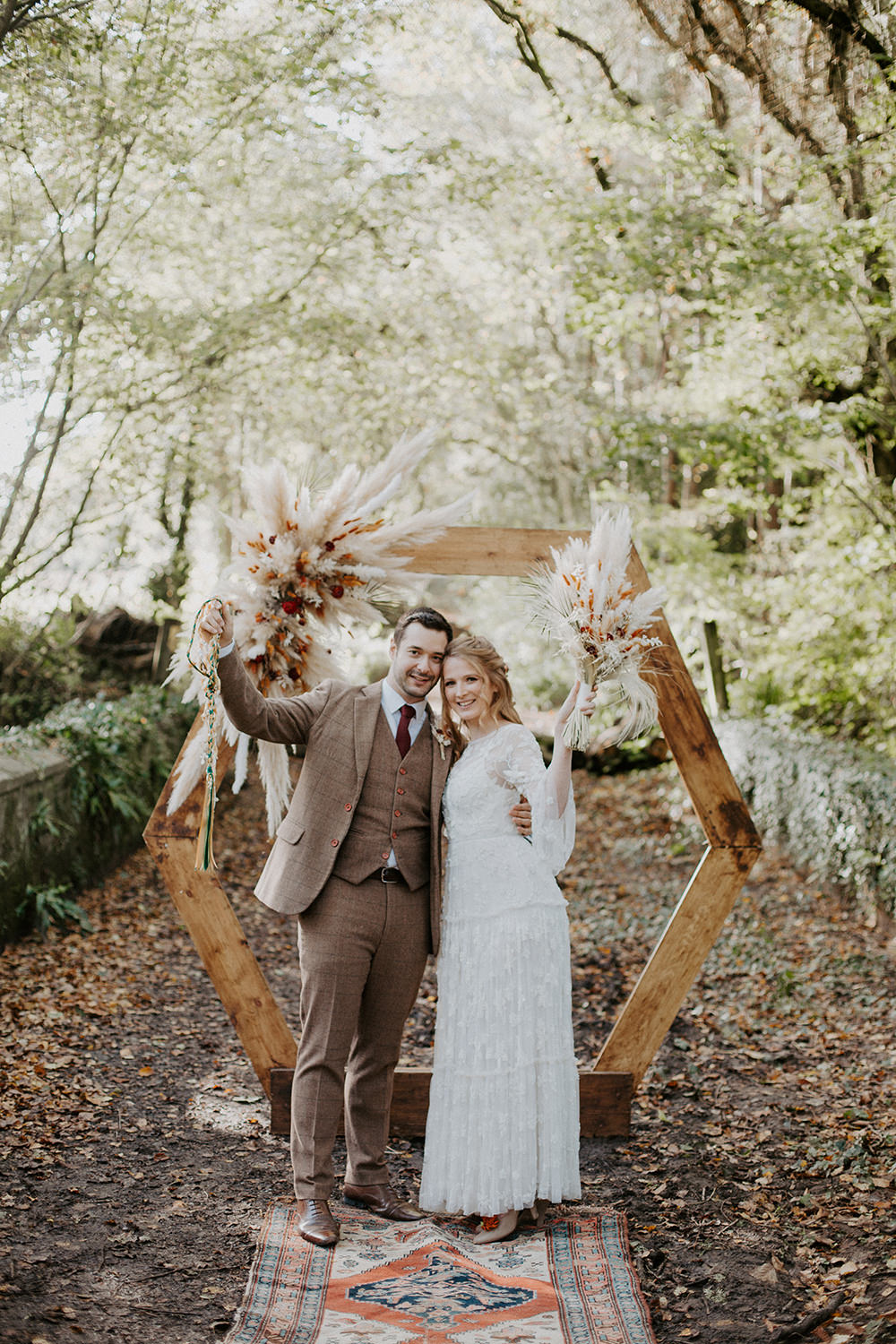 Hexagon Wooden Frame Backdrop Ceremony Arch Pampas Grass Autumn Woodland Boho Wedding Ideas The Enlight Project