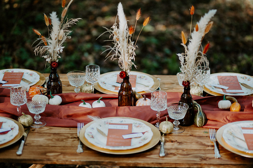 Table Tablescape Decor Rust Table Runner Pampas Grass Bottles Pumpkins Boho Wedding Ideas The Enlight Project