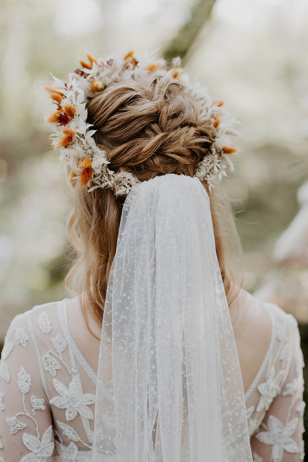 Bride Bridal Hair Style Up Do Half Up Half Down Plaits Braids Flower Crown Veil Boho Wedding Ideas The Enlight Project