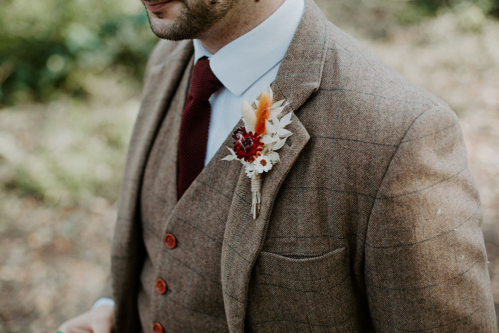 Groom Suit Brown Check Burgundy Tie Buttonhole Flowers Grasses Boho Wedding Ideas The Enlight Project