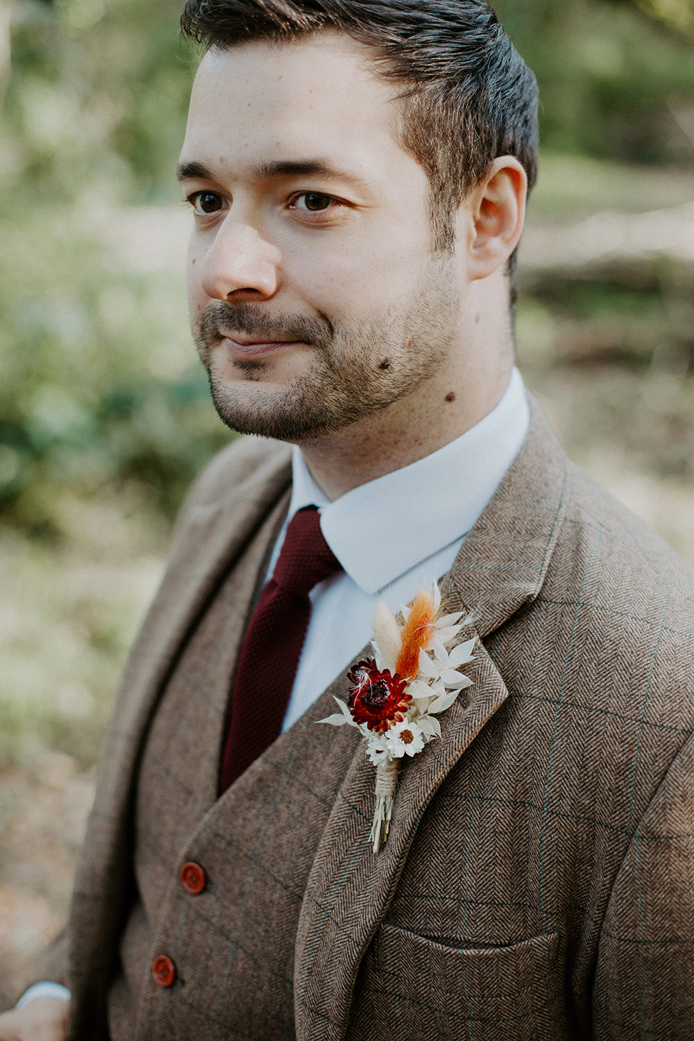 Groom Suit Brown Check Burgundy Tie Buttonhole Flowers Grasses Boho Wedding Ideas The Enlight Project