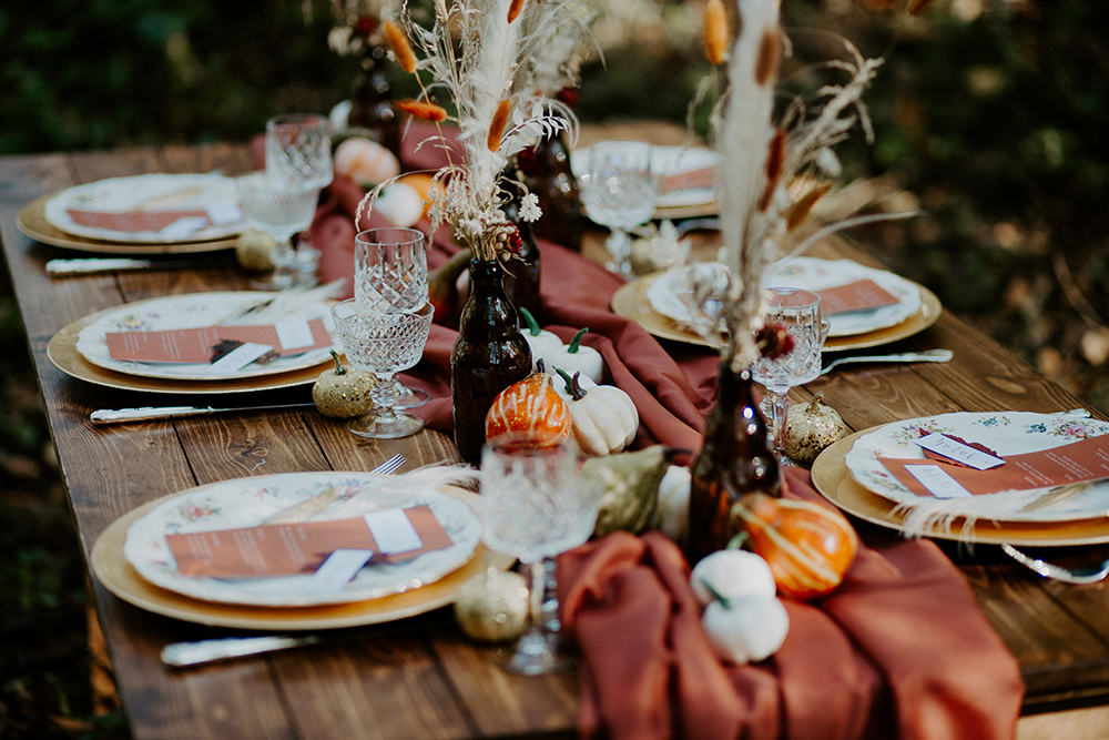 Table Tablescape Decor Rust Table Runner Pampas Grass Bottles Pumpkins Boho Wedding Ideas The Enlight Project