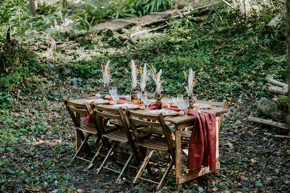 Table Tablescape Decor Rust Table Runner Pampas Grass Bottles Pumpkins Boho Wedding Ideas The Enlight Project
