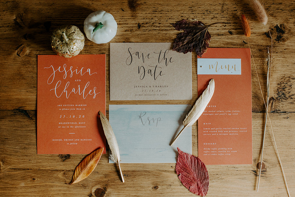 Stationery Invite Invitation Suite Flat Lay Rust Orange Calligraphy Boho Wedding Ideas The Enlight Project
