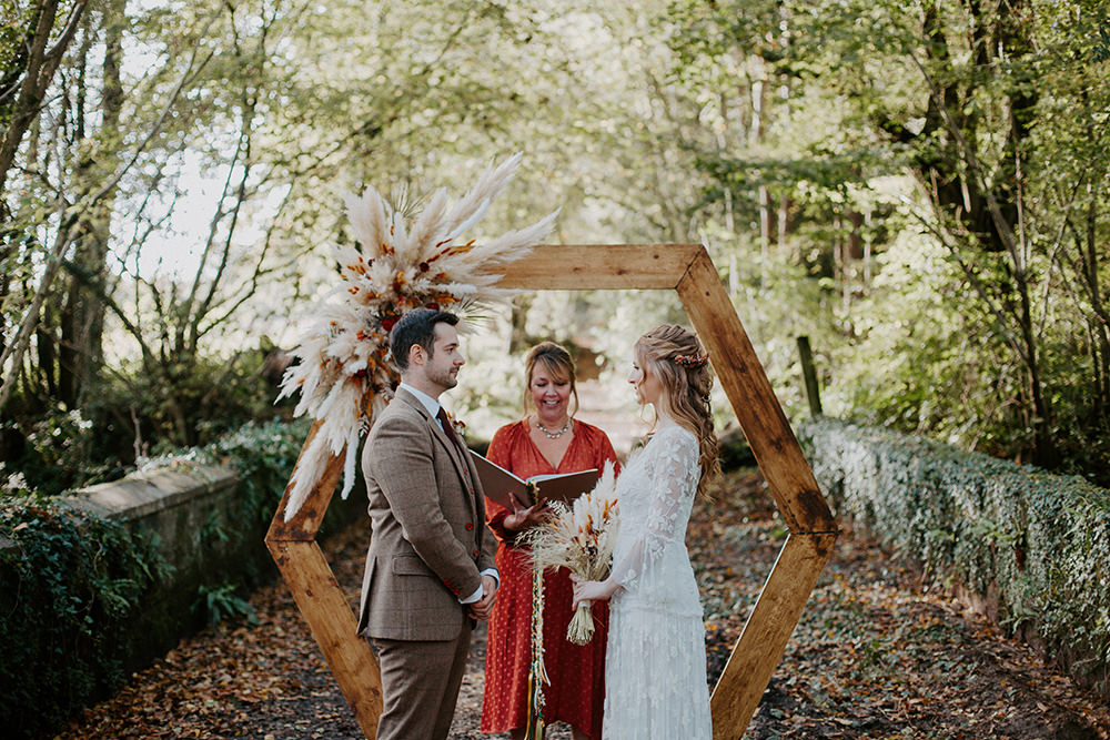 Hexagon Wooden Frame Backdrop Ceremony Arch Pampas Grass Autumn Woodland Boho Wedding Ideas The Enlight Project