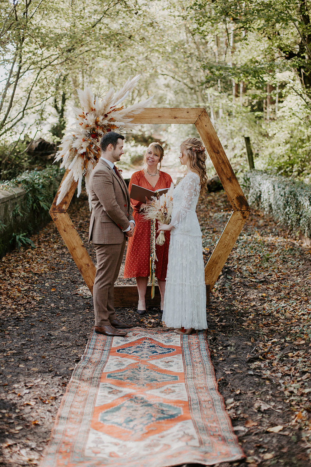 Hexagon Wooden Frame Backdrop Ceremony Arch Pampas Grass Autumn Woodland Boho Wedding Ideas The Enlight Project