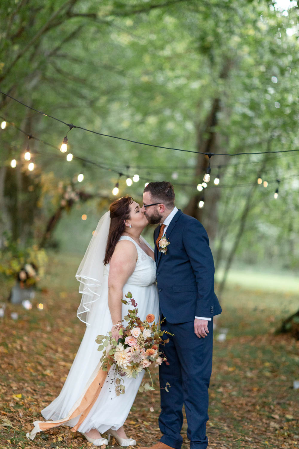 Flower Arch Backdrop Ceremony Woodland Trees Festoon Lights Château Elopement France Maru Photography