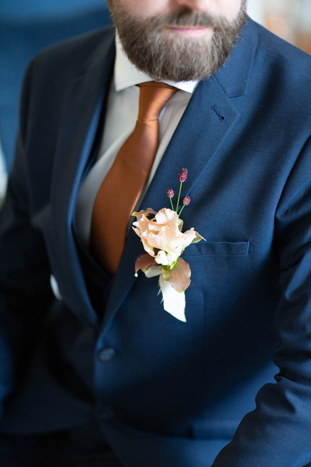 Groom Suit Blue Bronze Tie Buttonhole Flowers Château Elopement France Maru Photography