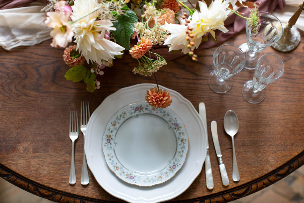 Place Setting Decor Plate Flowers Château Elopement France Maru Photography