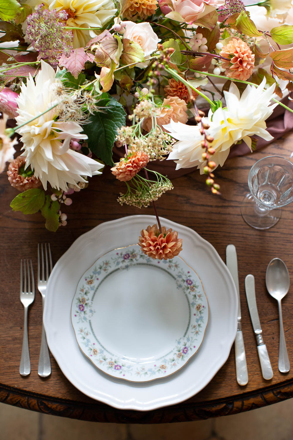 Place Setting Decor Plate Flowers Château Elopement France Maru Photography