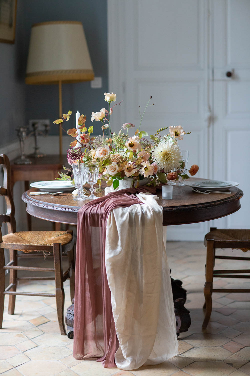 Sweetheart Table Flowers Silk Runners Château Elopement France Maru Photography