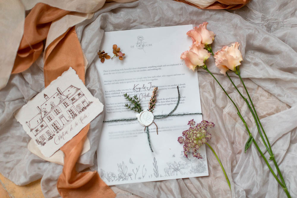 Sttionery Flowers Wax Seal Château Elopement France Maru Photography