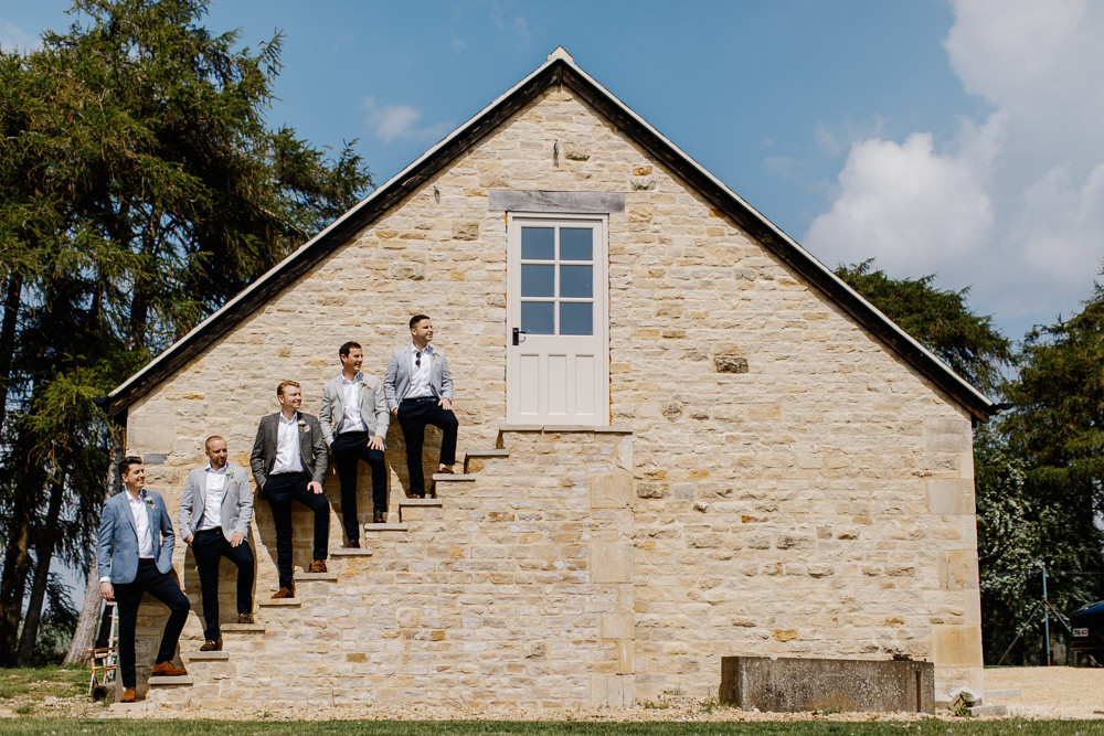 Groom Groomsmen Grey Jacket Black Chinos Cotswolds Marquee Wedding Jessy Papasavva Photography