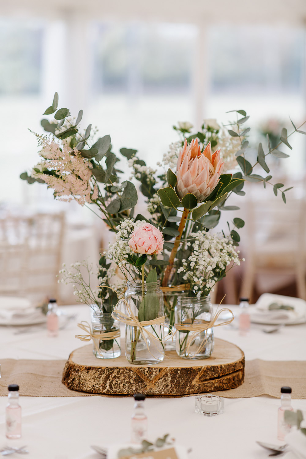Table Decor Centrepiece Flowers Protea Cotswolds Marquee Wedding Jessy Papasavva Photography