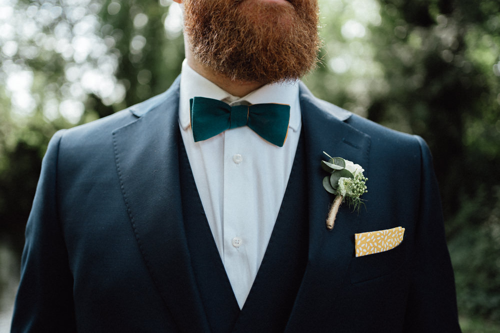 Groom Suit Blue Bow Tie Buttonhole Countryside Barn Wedding Emily & Steve Photography