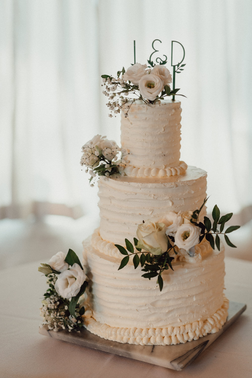White Iced Cake Buttercream Flowers Wire Topper Countryside Barn Wedding Emily & Steve Photography