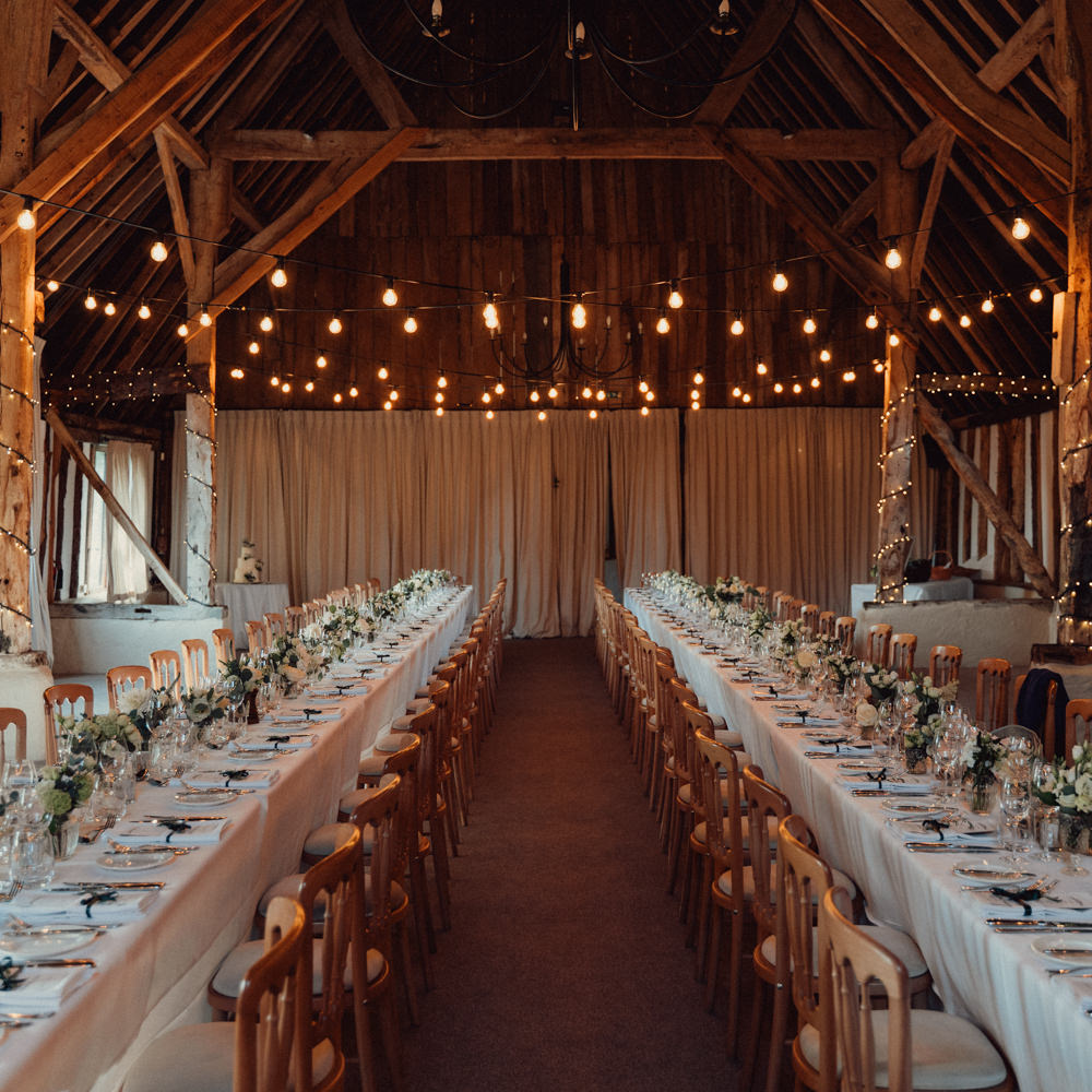 Long Tables Decor Flowers Festoon Lights Lighting Countryside Barn Wedding Emily & Steve Photography