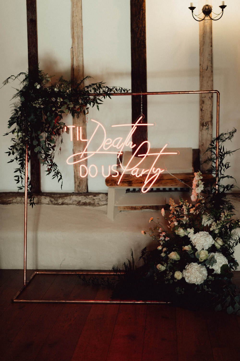 Flower Arch Neon Sign Backdrop Greenery Foliage Countryside Barn Wedding Emily & Steve Photography