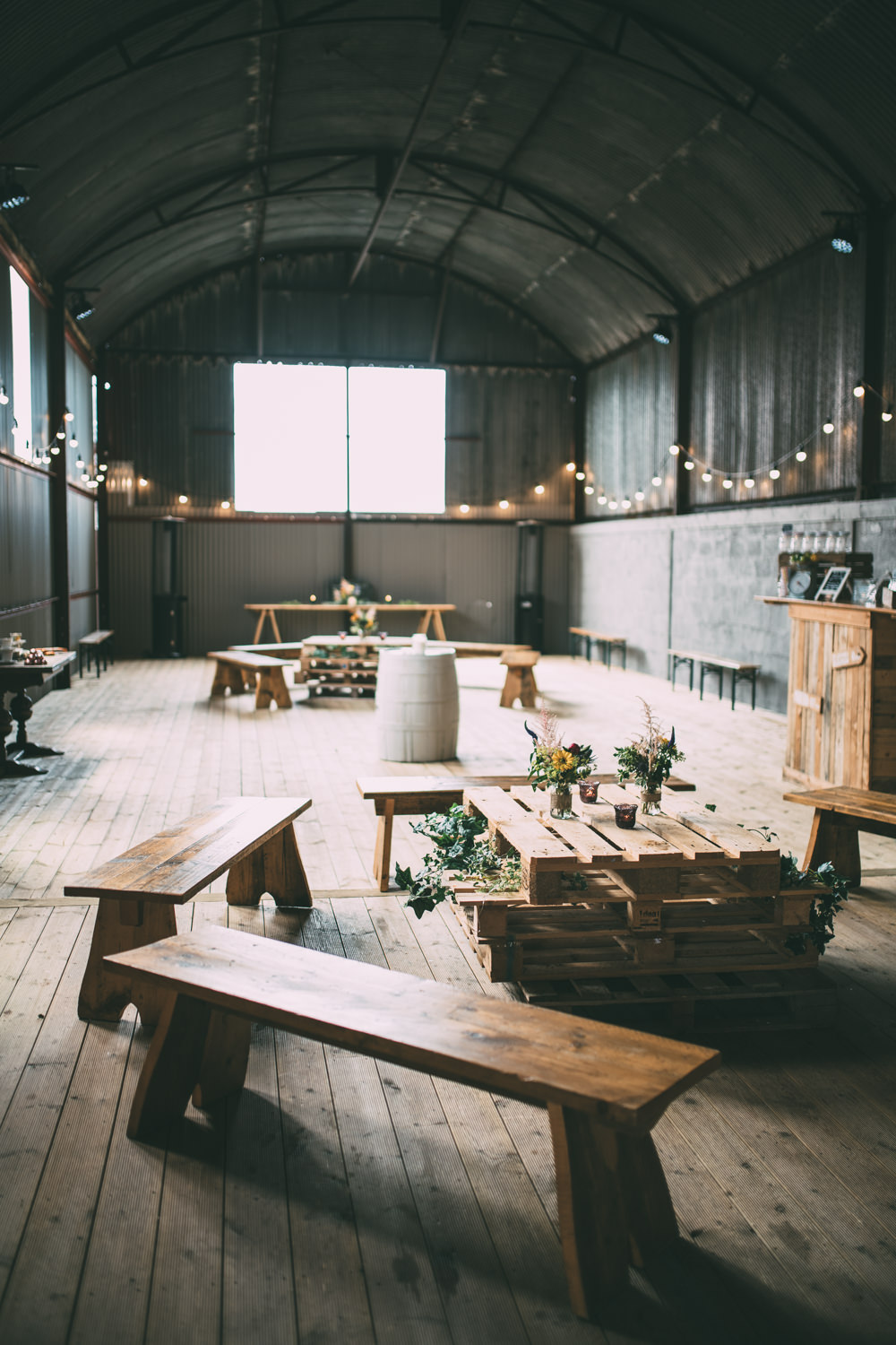 Seating Area Barn Festoon Lights Dalduff Farm Wedding Northern Aye Photography