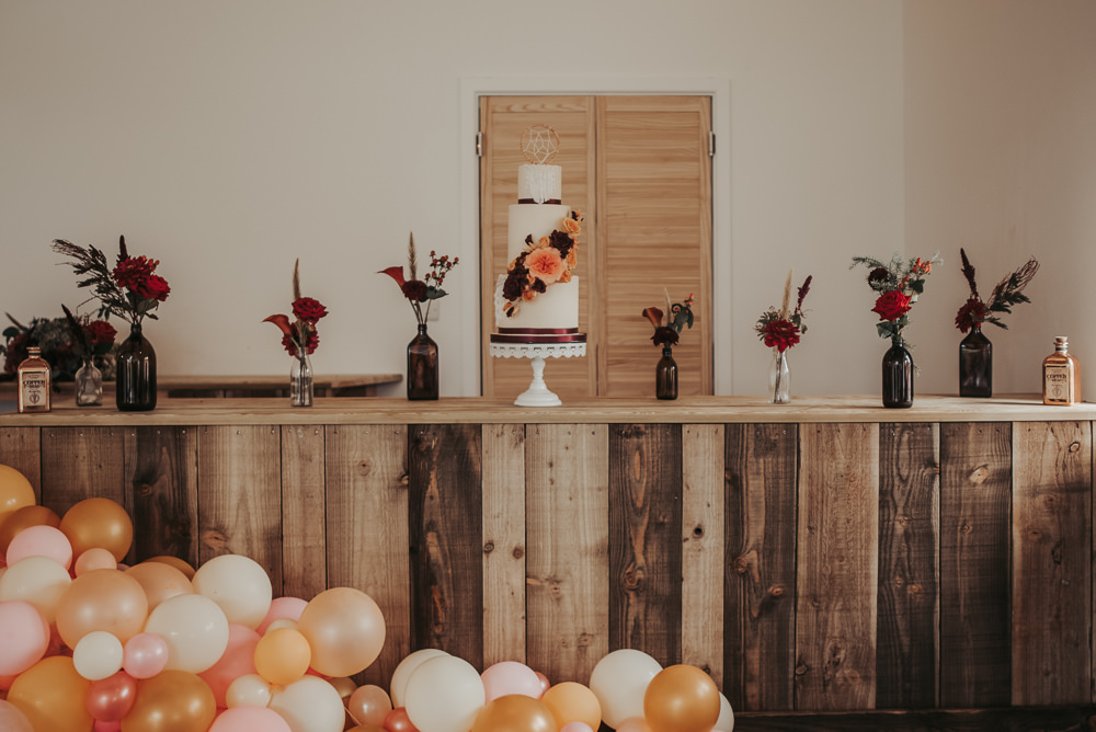 Cake Table Wooden Bar Flowers Balloon Installation Eco Friendly Wedding Inspiration Sarah Jayne Photography