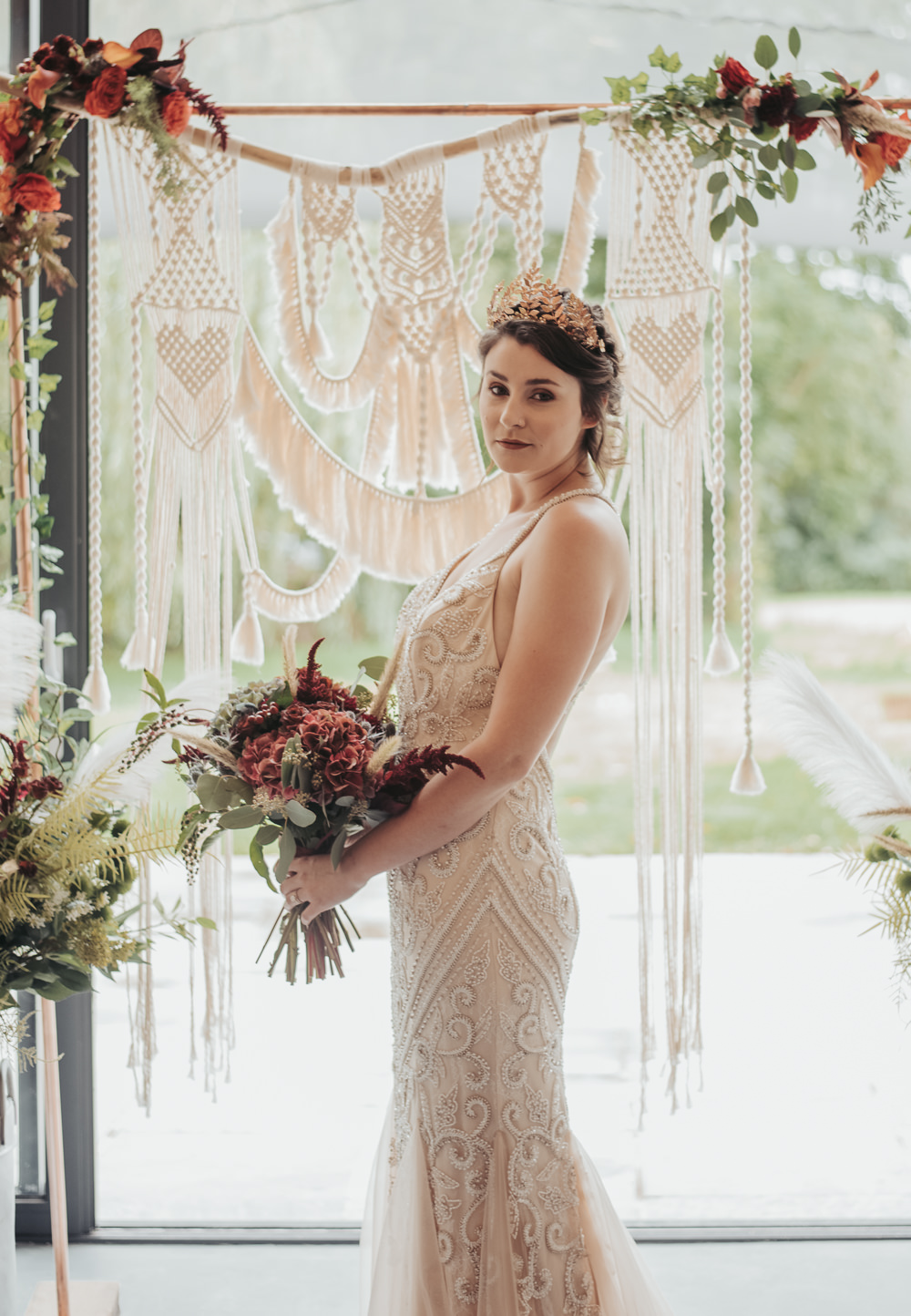 Macrame Flower Arch Backdrop Ceremony Aisle Eco Friendly Wedding Inspiration Sarah Jayne Photography