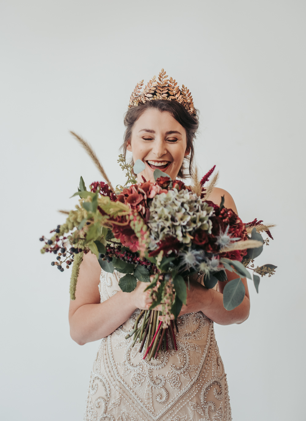 Bouquet Flowers Bride Bridal Hydrangea Burgundy Thistle Eco Friendly Wedding Inspiration Sarah Jayne Photography