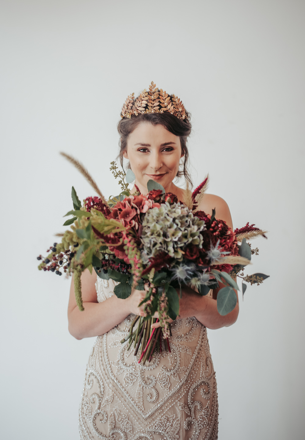 Bouquet Flowers Bride Bridal Hydrangea Burgundy Thistle Eco Friendly Wedding Inspiration Sarah Jayne Photography