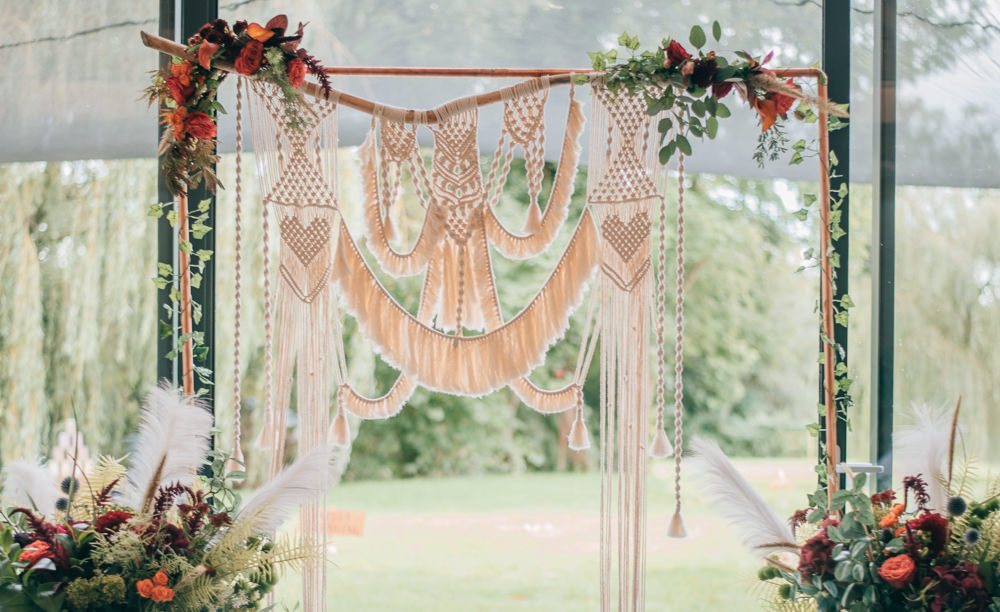 Macrame Flower Arch Backdrop Ceremony Aisle Eco Friendly Wedding Inspiration Sarah Jayne Photography