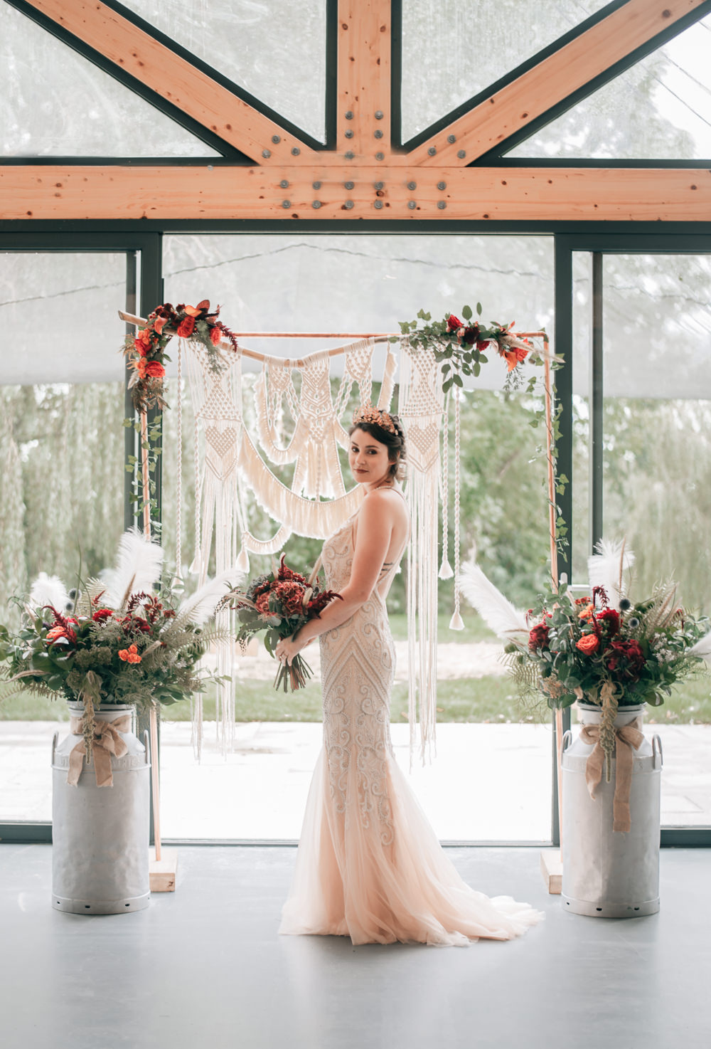 Macrame Flower Arch Backdrop Ceremony Aisle Milk Churn Flowers Eco Friendly Wedding Inspiration Sarah Jayne Photography