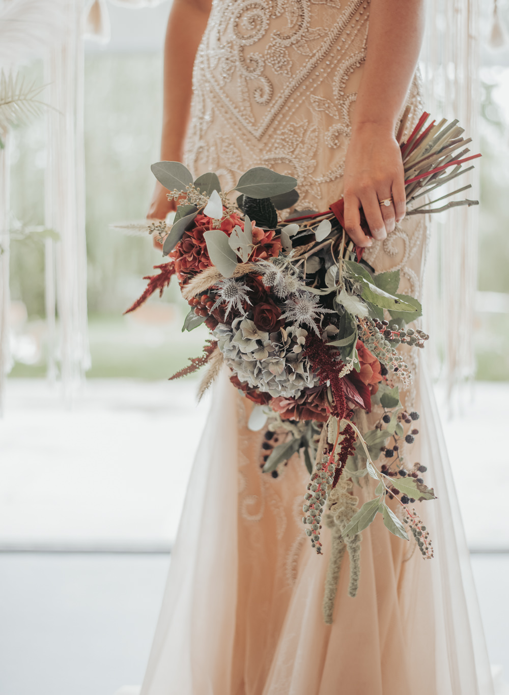 Bouquet Flowers Bride Bridal Hydrangea Burgundy Thistle Eco Friendly Wedding Inspiration Sarah Jayne Photography