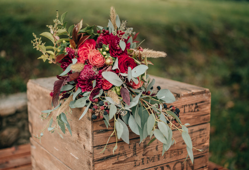 Bouquet Flowers Bride Bridal Eucalyptus Burgundy Dahlia Rose Eco Friendly Wedding Inspiration Sarah Jayne Photography