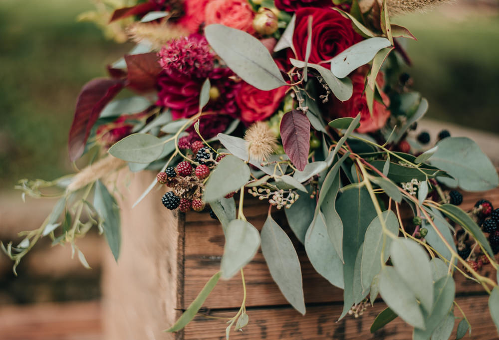 Bouquet Flowers Bride Bridal Eucalyptus Burgundy Dahlia Rose Eco Friendly Wedding Inspiration Sarah Jayne Photography
