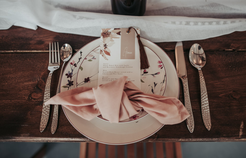 Pink Floral Napkin PlacePink Floral Napkin Place Name Tassel Napkin Knot Eco Friendly Wedding Inspiration Sarah Jayne Photography
